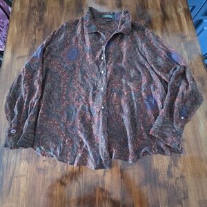 VTG Lauren Ralph Lauren 100% Silk Button Up Shirt Women's 18W Multi Dark Paisley